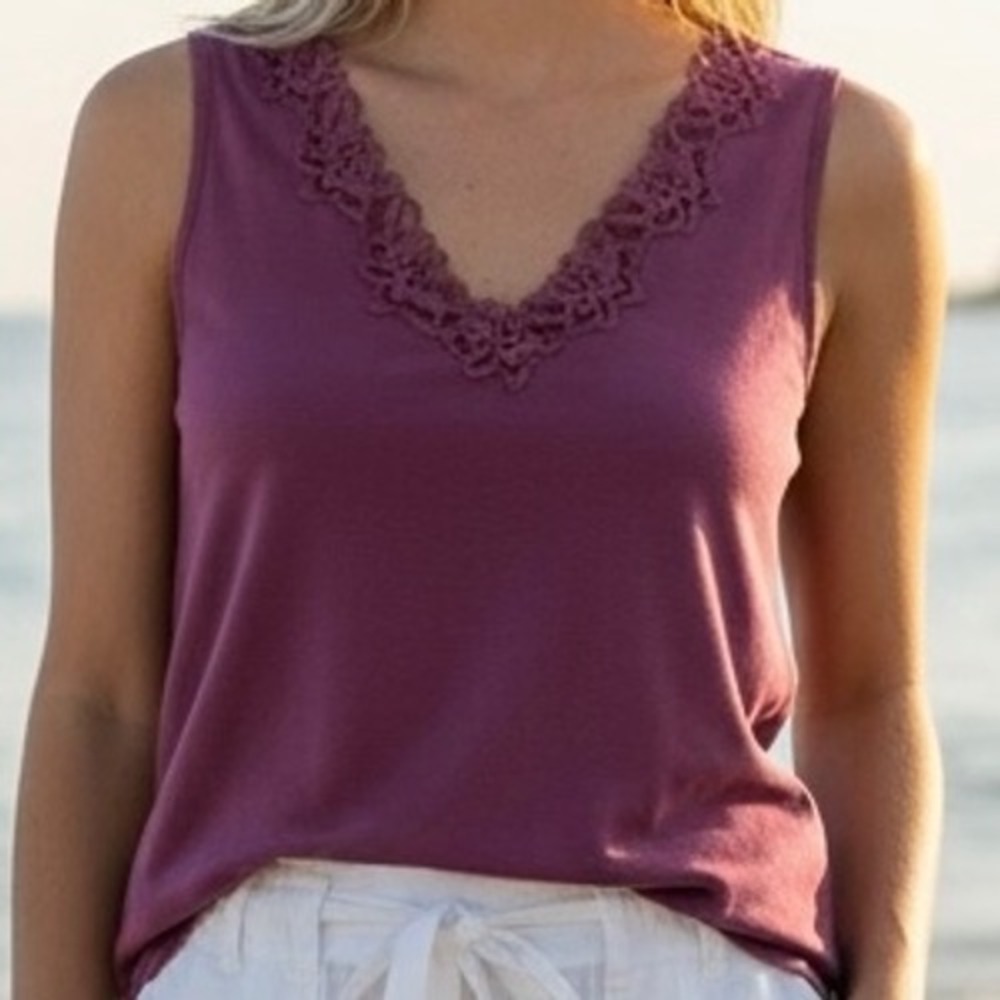 Coldwater Creek Womens 2X Tank Top Plum Purple Lace Trim Summer Casual Beachy